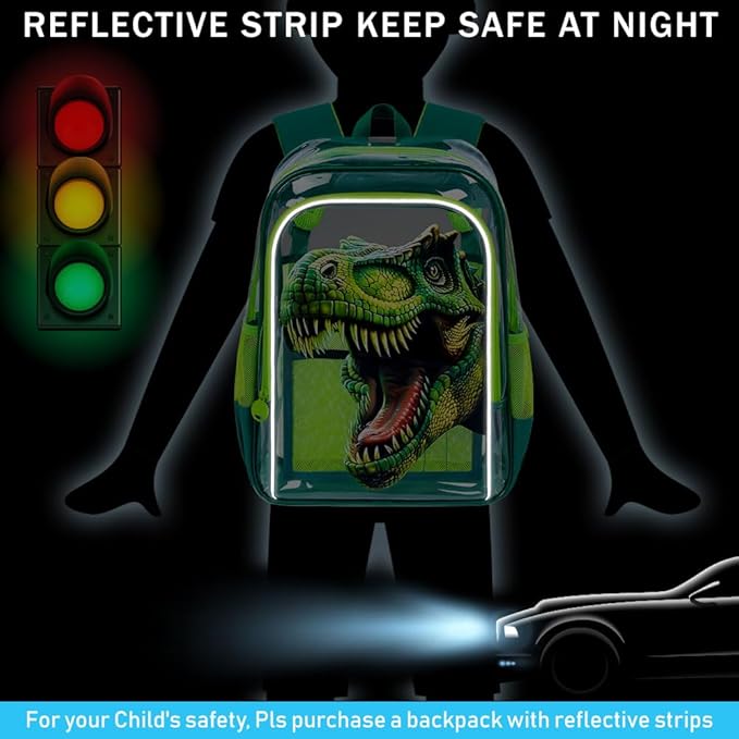 16" Dinosaur Clear Backpack for Boys - 3Pcs School Stadium Approved Transparent Set, Campus See Through Bookbag with Lunch Box (Green)
