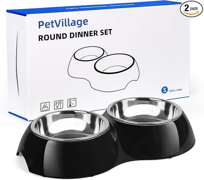 Stainless Steel Dog Bowls Set – Dual Non-Slip Pet Dishes with 2 Small (1 Cup*2) Bowls & Durable Resin Stand – Food & Water Feeder for Puppies, Cats, and Medium Dogs – Black