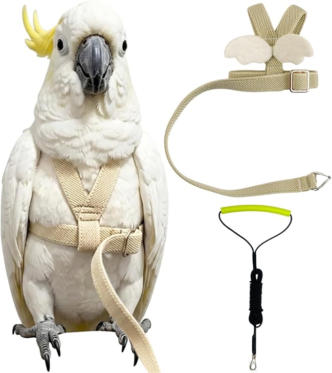 Adjustable Bird Harness with Elastic Leash, Pet Parrot Harness and Leash, Adjustable Training Design Anti-Bite, Bird Nylon Rope with Cute Wing for Conure (Beige,Sulphur-Crested Cockatoo)