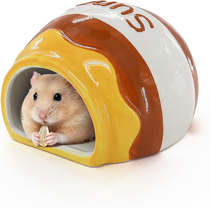 WishLotus Ceramic Hamster Hideout, Cute Honey Jar Shaped Hamster House, Large-Opening Small Animal Hideout, Small Animal Hideout Habitat Decor for Dwarf Hamsters Gerbils Chinchilla (Yellow-Brown)