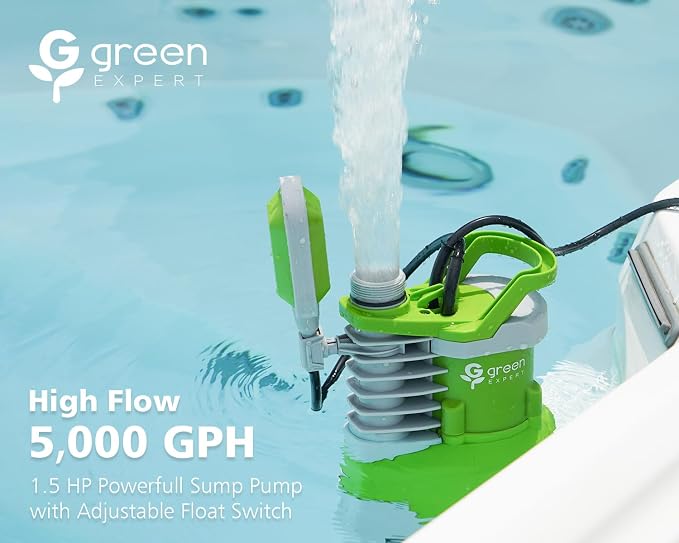 Green Expert 1.5HP Submersible Sump Pump High Flow 5000GPH 25ft Power Cord Manual Automatic On/Off for Water Removal from Basement Sump Pit Pools Hot Tub Spas Garden Pond