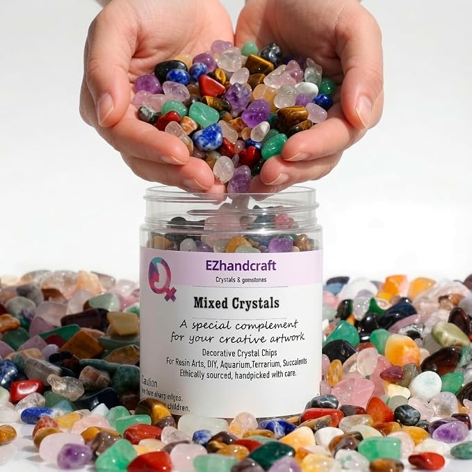 Natural Mixed Gemstone Crystal Chips – Polished Crystals Gravel Stones for Succulent Top Dressing, Aquarium Gravel, Vase Fillers, Resin Art, Healing & Home Decor (1 Pound Bulk)