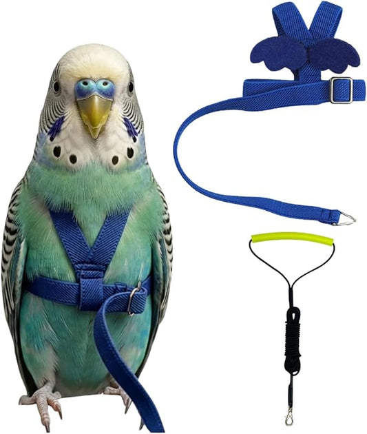 Adjustable Bird Harness with Elastic Leash, Pet Parrot Harness and Leash, Adjustable Training Design Anti-Bite, Bird Nylon Rope with Cute Wing for Conure (Deep Blue,XS)