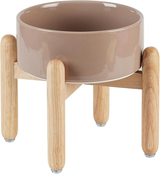 Havniva Ceramic 7.3inch Raised Dog Bowl Set, Elevated with Wooden Stand, Food and Water Bowl for Medium Breed Dogs, Weighted Dog Dishes, Pet Feeder(Brown Coffee)