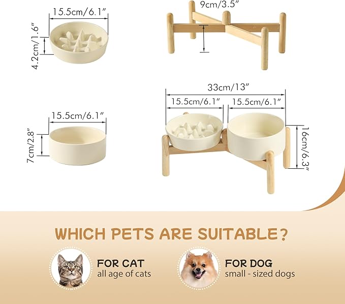 Havniva Ceramic 0.9 Cup Raised Slow Feeder Dog Bowl Set, Elevated 6.1inch Slow Dish and 6.1inch Water Bowl with Wooden Stand for Small Dogs (2 x Light Yellow+ Stand)