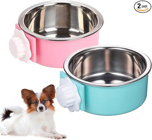 kathson Crate Dog Bowl, Removable Stainless Steel Hanging Pet Cage Bowl Food & Water Feeder Coop Cup for Cat, Puppy, Birds, Rats, Guinea Pigs (2 PCS, Size: M, Blue and Pink)