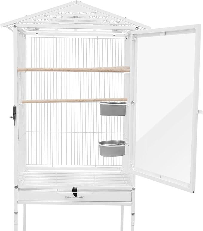 49" H Large Bird Cage with Wheels, Iron Bird Cage with Pull-Out Tray Rolling Stand Clear Acrylic Door Bird Flight Cage with Stand Bars and Feeding Bowls for Small and Medium-Sized Parrots