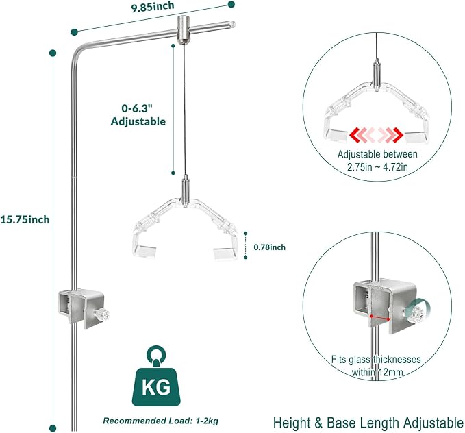 Stainless Steel Aquarium Light Riser - Adjustable Hanging Kit for Rimless Fish Tanks up to 12mm - Professional L-Bracket Stand with Suspension Wire for 5"-24" LED Plant Lights, 1 Pair