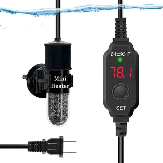 Mini Submersible Aquarium Heater, 25/50/100/150/200/300 Watts Adjustable Fish Tank Heater, Built-in Thermometer, External Temperature Controller, Smart Memory, Used for 1-60 Gallons (20W Plug)
