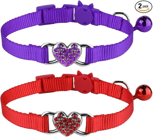Mtliepte 2 Pcs Cat Collars Heart Bling Breakaway with Bell Nylon Adjustable for Kitty (red+Purple)