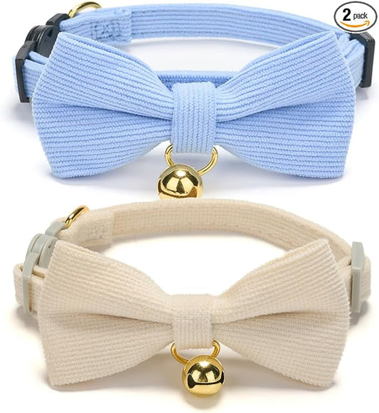 2 Pack Soft Corduroy Cat Collars with Bow Tie & Bell, Adjustable Breakaway Cotton Kitty Bowtie Collar for Female Male Cats(White & Blue)