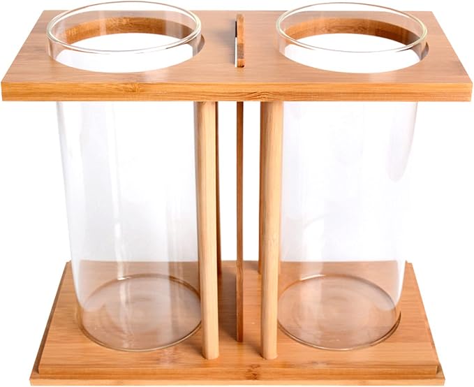 Desktop Mini Fish Tank, Dual Cylinder Glass Aquarium with LED Light, Bamboo Frame 360° View, Small Betta Goldfish Tank for Home Office Desk, 3.35 inch Diameter