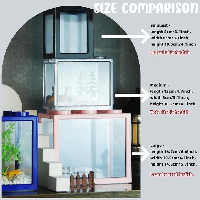 Small Sea Monkey Tank, Stackable Mini Betta Fish Tank Tinny Aquarium Kit with Aquarium Gravel, Moss Ball Tank Shrimp Tank 0.27 Gallon Acrylic Cube Fish Bowl for Shrimp Snails