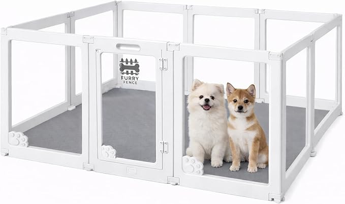 Furry Fence Clear Pet Playpen with Floor Pad, 60L x 40W x 24H inches, 9 Panels, Easy No-Tool Assembly, White