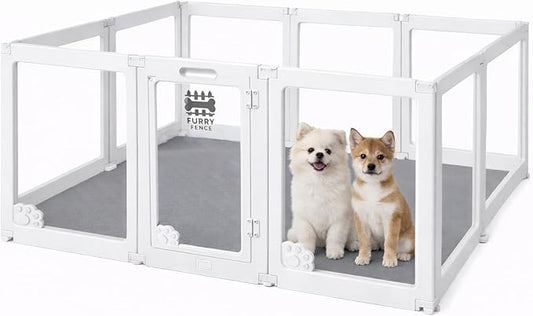 Furry Fence Clear Pet Playpen with Floor Pad, 60L x 40W x 24H inches, 9 Panels, Easy No-Tool Assembly, White