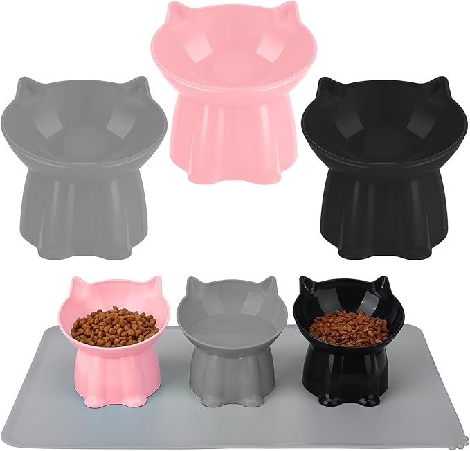 3 Pcs Elevated Cat Bowls 15°Raised Cat Food Bowl with Silicone Mat Whisker Friendly Anti Vomiting Cats Dishes Pet Food and Water Bowls for Indoor Cats Kittens Classic Pink, Grey, Black Pink, Grey, Bla