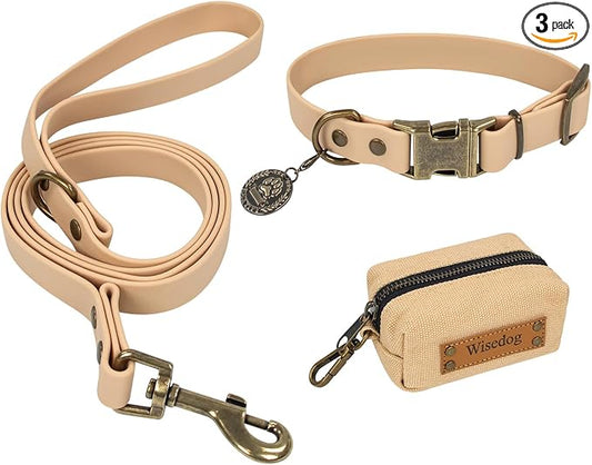 Wisedog Waterproof Dog Collar and Leash Set, L, Sand Color | Adjustable Puppy Collar, Cute Tag, 5FT Leash, Includes Poop Bag, For Small Medium Large Dogs