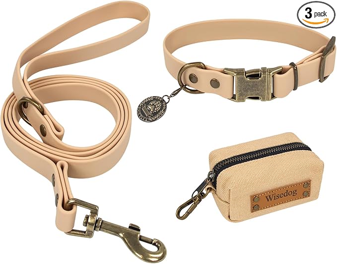 Wisedog Waterproof Dog Collar and Leash Set, S, Sand Color | Adjustable Puppy Collar, Cute Tag, 4FT Dog Leash, Includes Poop Bag, For Small Medium Large Dogs