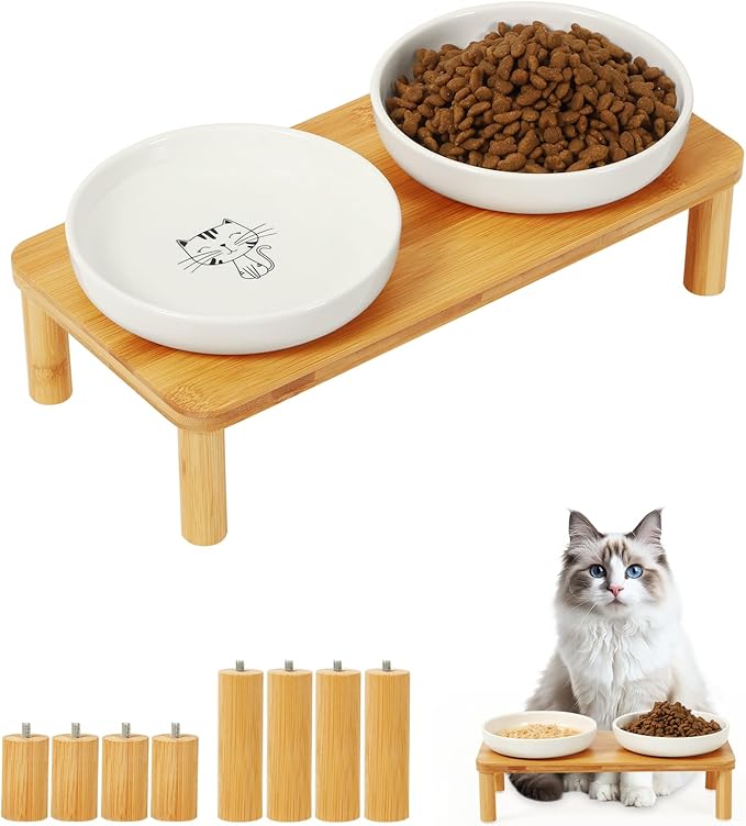 DoogCat Elevated Cat Bowls for Indoor Cats – Raised Bamboo Cat Food Table with 2 Ceramic Dishes, Adjustable Height (4.25"/3.07"), Whisker Friendly Feeding Station