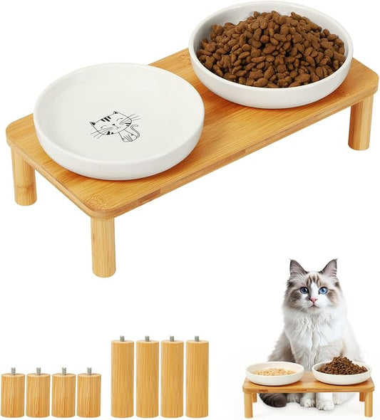 DoogCat Elevated Cat Bowls for Indoor Cats – Raised Bamboo Cat Food Table with 2 Ceramic Dishes, Adjustable Height (4.25"/3.07"), Whisker Friendly Feeding Station