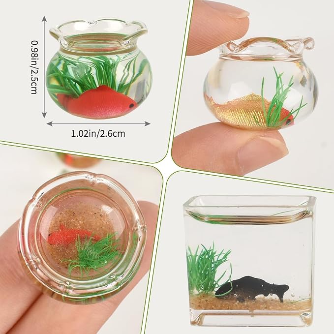 4Pcs Mini Size Fish Bowl Set, The Round and Square Glass Fishbowl, Miniature Landscape Accessories Home Decor Supplies