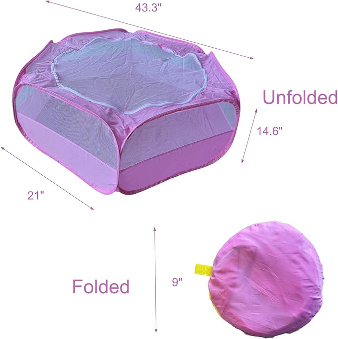 Small Animal Playpen with Zippered Mesh Cover - Portable Foldable Chicken Brooder Box, Indoor Outdoor Enclosure for Guinea Pigs, Bunny, Rabbits, Ferrets, Chinchillas, Kittens (Pink)