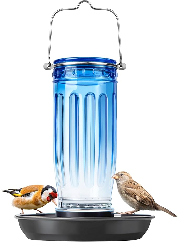 Kingsyard Glass Bird Water Dispenser for Outdoor, 16 Oz, Bird Water Feeder with Metal Hanging for Garden Yard Fence Decoration Hummingbird Cardinal Bluebird Finch, Blue