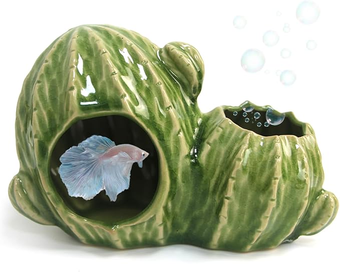 Green Aquarium Decor Ceramic Western Cactus Betta Fish Tank Cave | Smooth-Surface Safe for Fish Hiding & Breeding, Easy-Clean, No Assembly, for Play & Rest,Fits 2.5-5 Gallon Fish Tanks