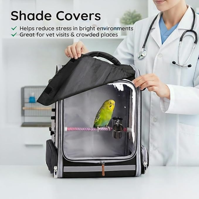 Mancro Bird Carrier Backpack for Small Birds, Cockatiel, Parrot, Bird Backpack with Tray and Standing Perch, Bird Travel Carrier Cage with Clear Window and Breathable Mesh Front for Vet Visits