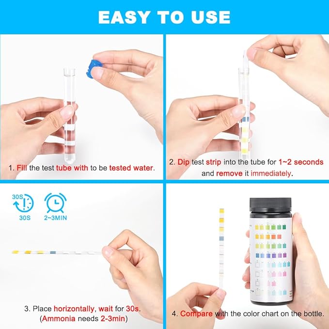 DaToo 8 in 1 Aquarium Test Kit Fish Tank Test Strips Accurate Water Quality Testing Strips for Ammonia PH Total Alkalinity Carbonate Hardness Free Chlorine Nitrate Nitrite Temperature (150 Strips)
