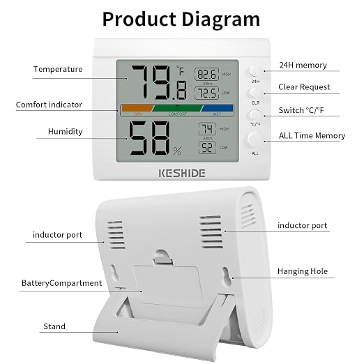 Hygrometer Thermometer Gauge Mini Digital, Monitor Indoor Outdoor Humidity Meter Temperature for Humidifiers Dehumidifiers Greenhouse Reptile Humidor White