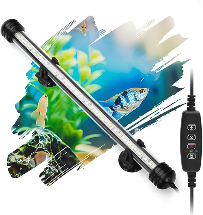 LED Submersible Aquarium Light 6W Underwater Fish Tank Light with Blue White&Blue and White Three Light Modes Timer Automatic On/Off and Dimmer Brightness Adjustable (11inch)