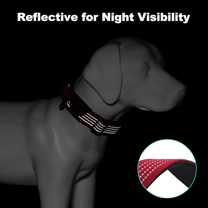 Plutus Pet Tactical Dog Collar with Tracker Pocket for AirTag, Adjustable Reflective Nylon Collar, Metal Buckle, Leather-Wrapped Handle, Soft Padded for Medium Large Dogs (Burgundy Red, M)