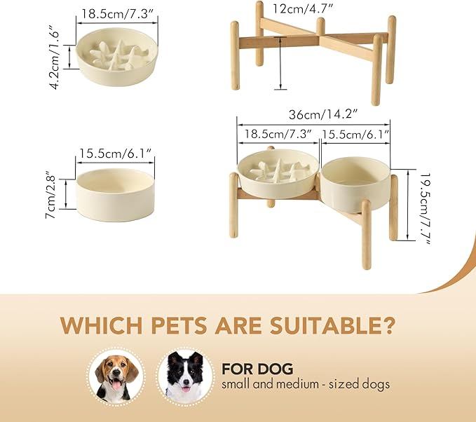 Havniva Ceramic 1.2 Cup Raised Slow Feeder Dog Bowl Set, Elevated 6.1inch Bowl and 7.3inch Slow Pet Food Dish with Wooden Stand for Small and Medium Dog (2 xLight Yellow+ Stand)