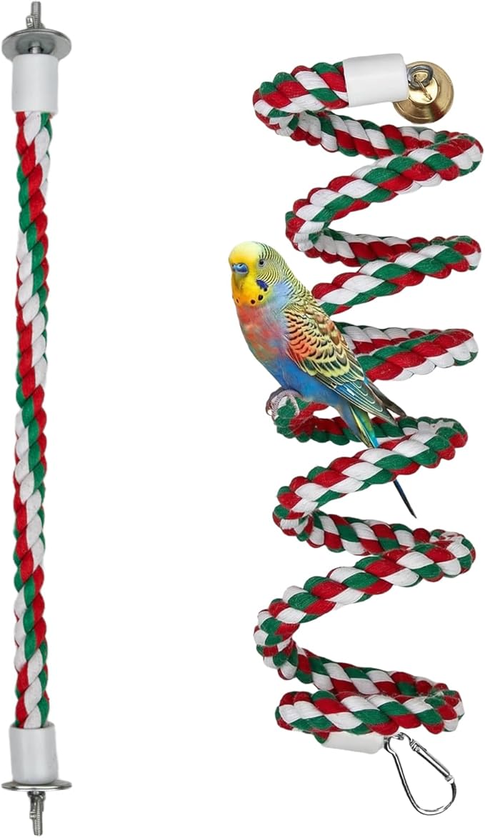 2 Pack Bird Ropes Straight & Spiral Flexible Cotton Rope with Bell Bird Cage Toys for Parakeets Cockatiels Budgies Lovebirds Conures