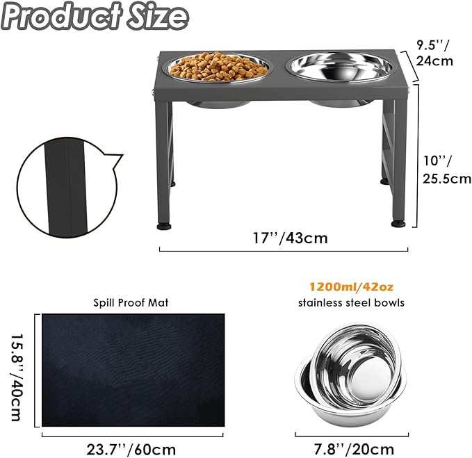 ADENGL Metal Raised Dog Bowl, 10" Height Tall Elevate Dog Feeder Stand with 2 Stainless Steel 42oz Bowls & 16x24 Non-Slip Mat – Stronger Dogs Food & Water Bowl Stand (Grey)