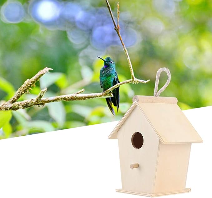 Bird House for Outside,Wooden Bird Houses,Unfinished Hanging Birdhouse,Garden Patio Decorative Nest Box Bird House,for Wrens, Swallows, Finches, Chickadee