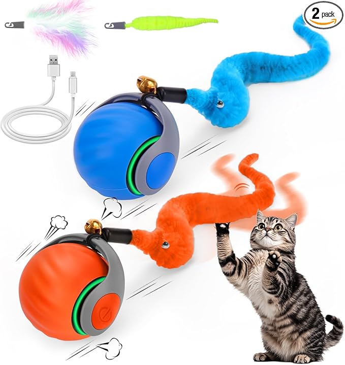 2PCS Interactive Cat Ball Toy, Self Rolling Ball with Cover Anti-Scratch for Bored Indoor Cat Chasing, Obstacle Avoidance Smart Cat Toys for Enrichment, Motion Activated Toys to Keep Them Busy