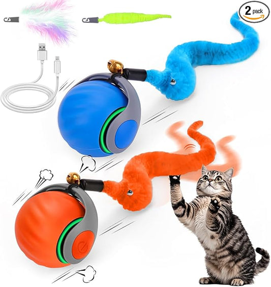 2PCS Interactive Cat Ball Toy, Self Rolling Ball with Cover Anti-Scratch for Bored Indoor Cat Chasing, Obstacle Avoidance Smart Cat Toys for Enrichment, Motion Activated Toys to Keep Them Busy