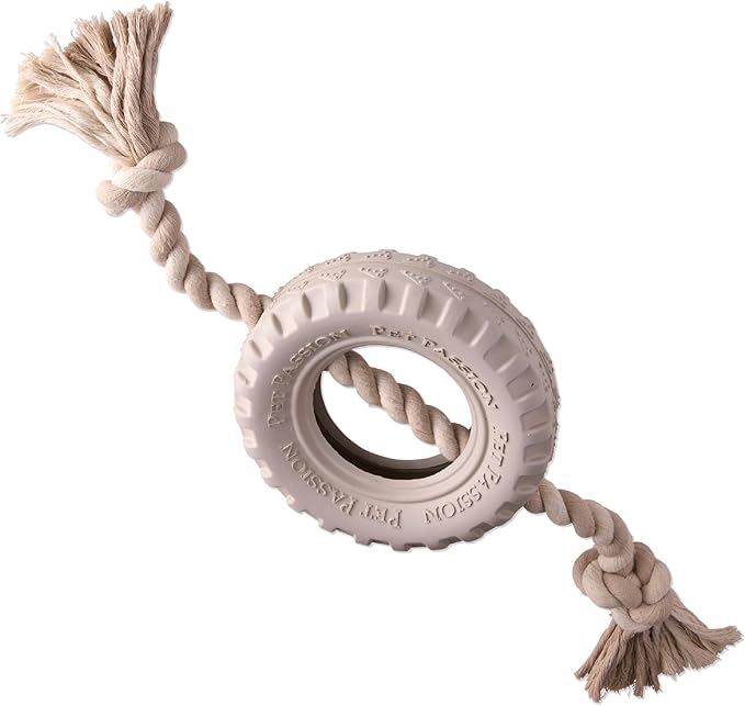 Pet Passion Natural Rubber Tire and Organic Cotton Rope Pull and Chew Dog Toy for All Pet Breeds, Almond Milk, Medium