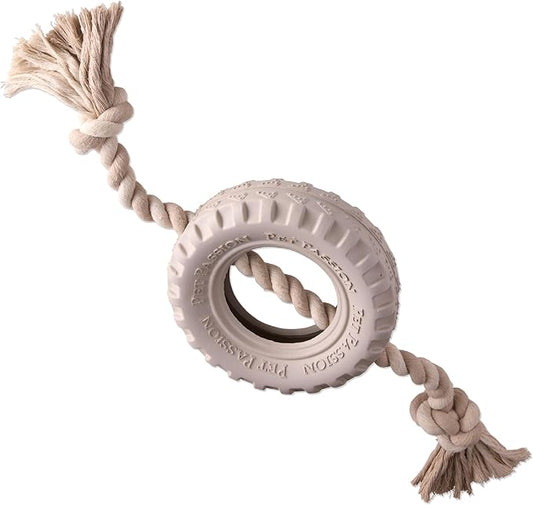 Pet Passion Natural Rubber Tire and Organic Cotton Rope Pull and Chew Dog Toy for All Pet Breeds, Almond Milk, Medium