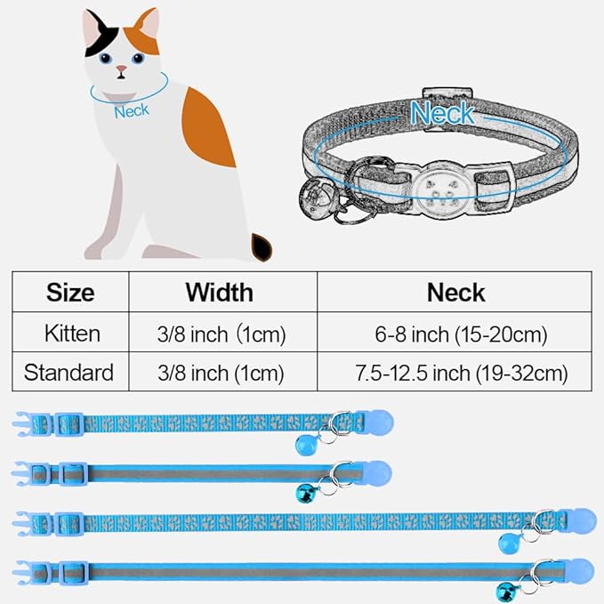 Taglory Reflective Cat Collar Breakaway with Bell, High Visibility Night Strip, Lightweight Adjustable Nylon Collar for Boy Girl Cats, 2 Pack, 7.5-12.5 Inch, Sky Blue