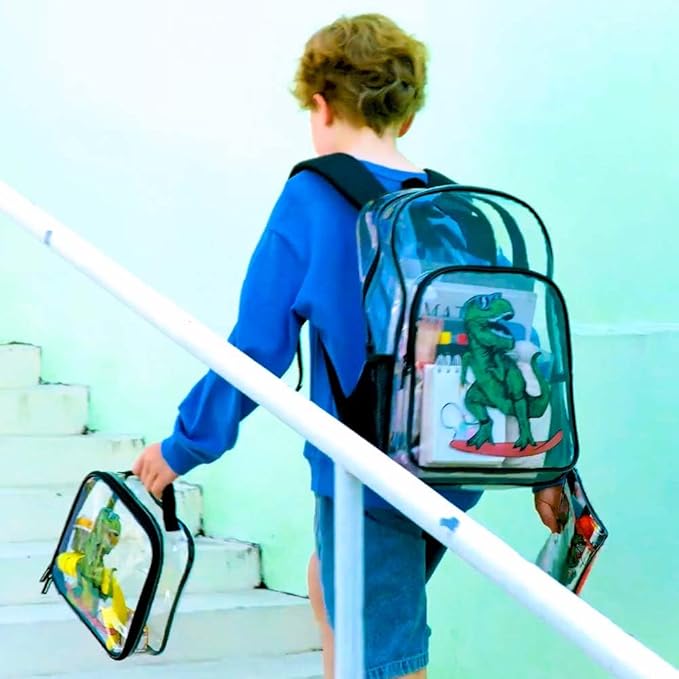 AGSDON 3PCS Clear Backpack for Boys, Kids Dinosaur Transparent Bookbag Heavy Duty, Cute See Through Backpacks with Lunch Bag - Blue