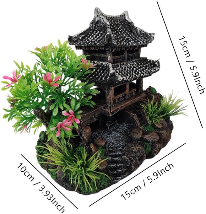 Aquarium Decoration Chinese Ancient Tower, Resin Small Fish Tank Hideout Hut Accessories, Artificial Landscape Decor Hideaway House with Tree Moss, Hollow Hideout Castle Ornament (Building)