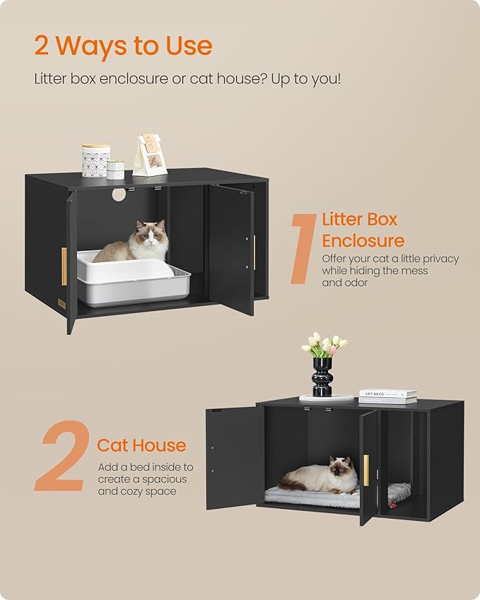 Feandrea Cat Litter Box Enclosure, Modern Hidden Litter Box Furniture, Front Entry, Double Doors, Indoor Pet House, Living Room Side End Table, 31.5 x 19.7 x 17.7 Inches, Ink Black UPCL020BC01S