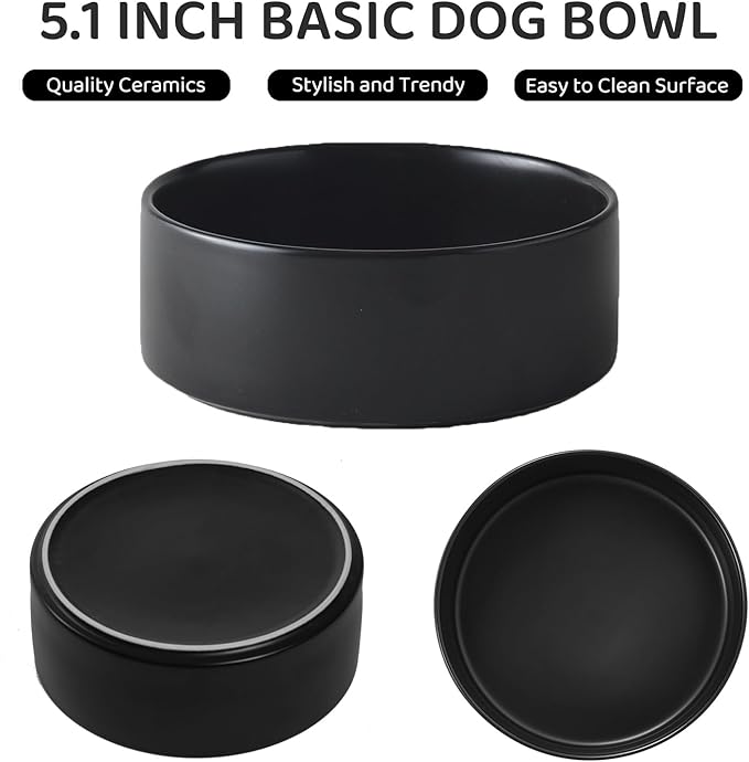 Elevated Ceramic Dog Bowl Set - Raised Dog Bowls with Non Slip Bamboo Stand, Food and Water Bowl Set for Kitty, Cats and Toy Breed Dogs, Pet Bowls, Weighted Dogs Dishes (5.1'', 2*16OZ, Black)