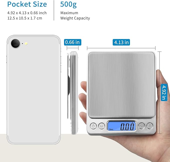 Digital Gram Scale 500g 0.01g Food Scale High Precision Kitchen Scale Multifunctional Stainless Steel Pocket Scale with Back-Lit LCD Display Tare PCS Features Silver