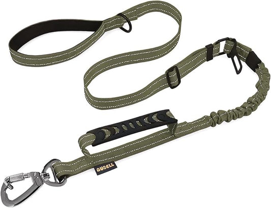 AUBELL Tactical Dog Leash Heavy Duty,4-6ft Reflective Strong No Pull Bungee Leash for Medium Large Dogs with Comfortable Padded Double Handle,Car Seat Belt,360 Degree Rotating Carabiner,Green