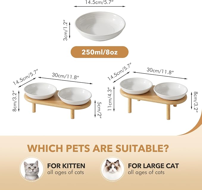 Havniva Elevated Cat Bowls Raised Ceramic Cat Bowl, 5.7” Wide Opening Cat Food Bowl Whisker Friendly Cat Dish Anti-Slip with Bamboo Stand, Shallow Pet Food & Water Bowl for Indoor Cats