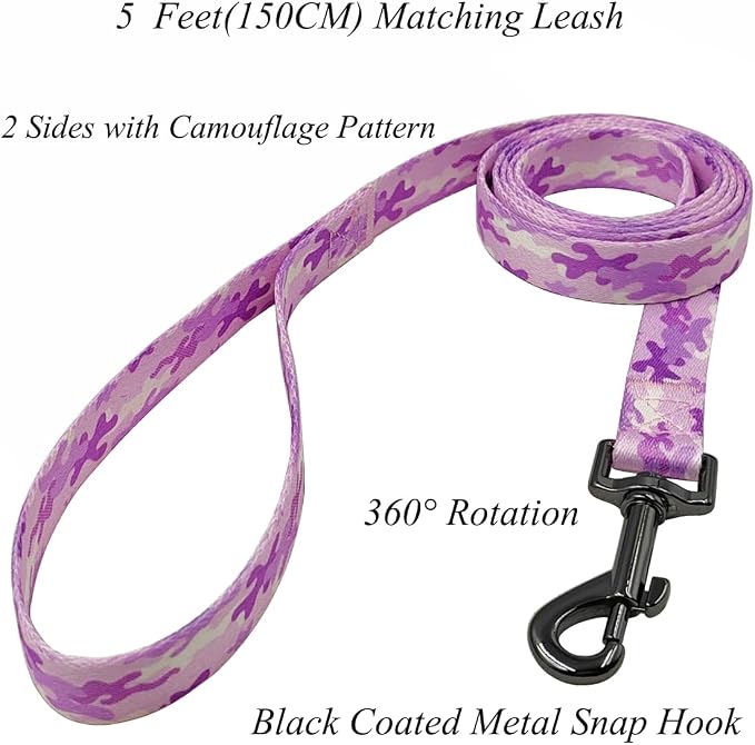 Dog Collar Leash Set, Camouflage Pattern, Polyester Material, Adjustable Collar and 5ft Matching Leash, for Puppy Dogs.(XS, Purple Camo)